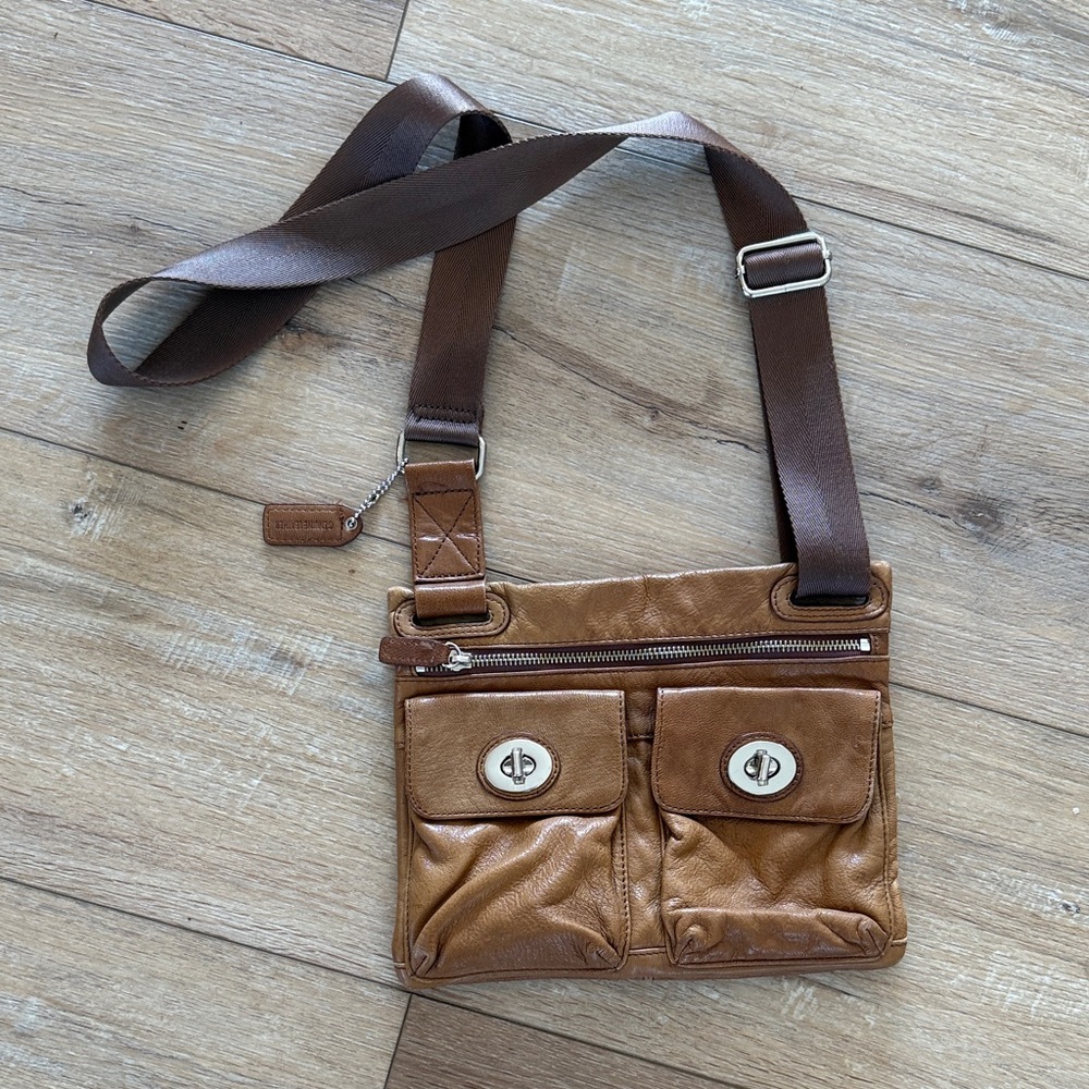 Danier Tan/Brown Leather Messenger Crossbody with Dual Front Pockets